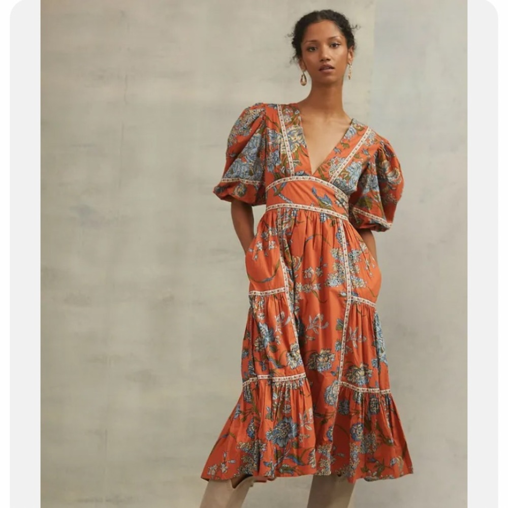 Anthropologie Love the Label Puffed Sleeves Orange Floral Tiered MIDI Dr…